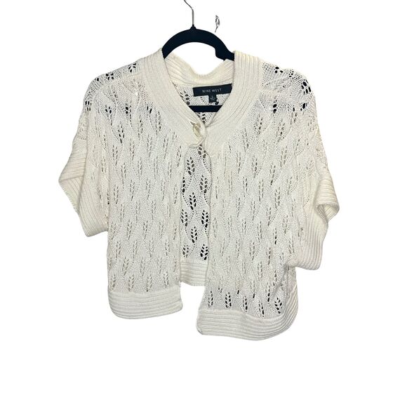 Nine West Open Knit Shrug Cardigan Women's Ivory Pointelle Short Sleeve - Picture 3 of 8